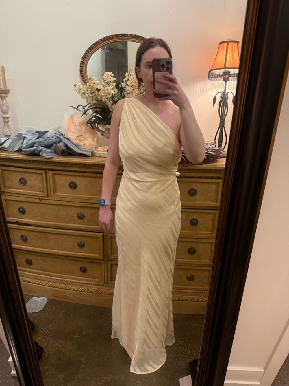 One-Shoulder Yellow Stripped Satin Dress
